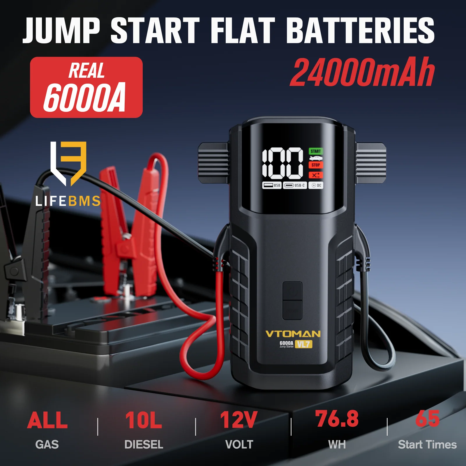 VTOMAN VL7 6000A Jump Starter Upgraded with LiFePO4 Battery,24000mAh Portable Car Battery Booster (All Gas/10L Diesel),12V Jump Box Power Pack with USB-A,Type-C & DC Output,LED Light,EVA Bag - Image 2