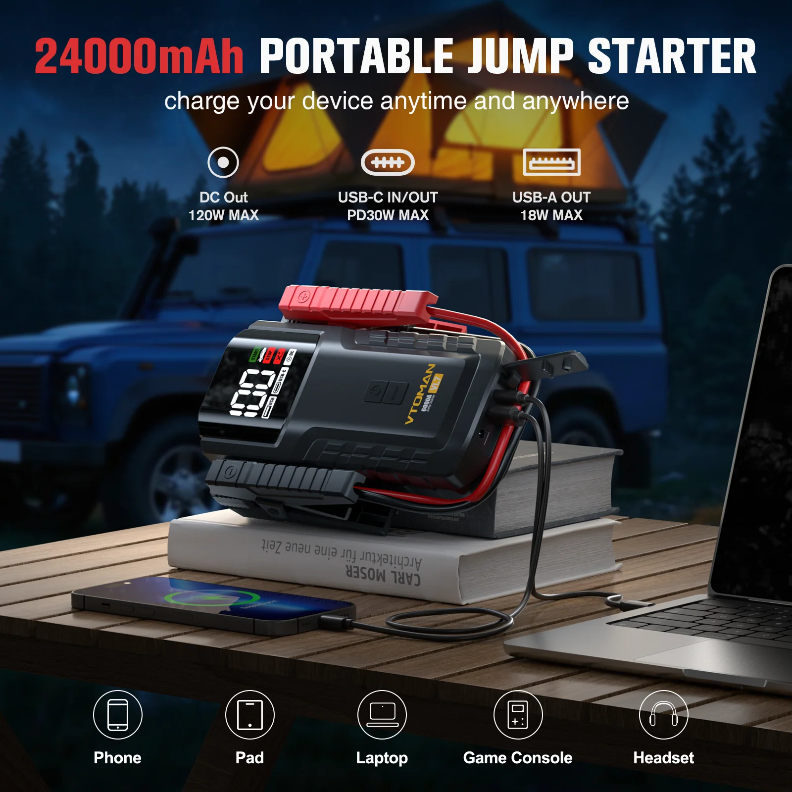 VTOMAN VL7 6000A Jump Starter Upgraded with LiFePO4 Battery,24000mAh Portable Car Battery Booster (All Gas/10L Diesel),12V Jump Box Power Pack with USB-A,Type-C & DC Output,LED Light,EVA Bag - Image 3